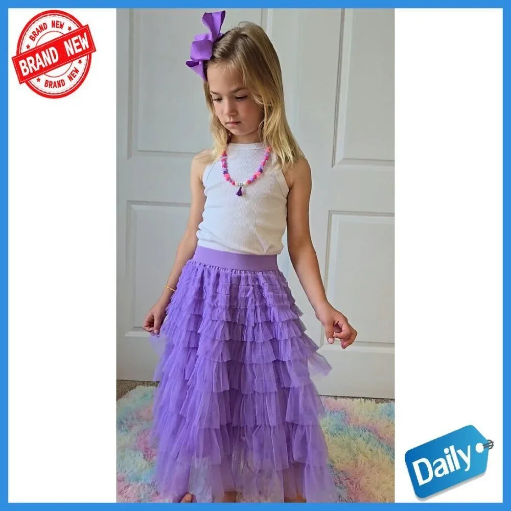 Girls Long Tulle Tutu Skirt A-Line Layered Ruffle Tiered Maxi Petticoat